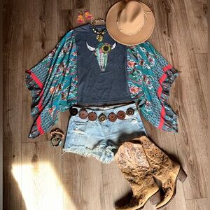 Upcycled Graphic Tee Boho Western Gypsy Chic Flowy Sleeves Small/Medium/Large